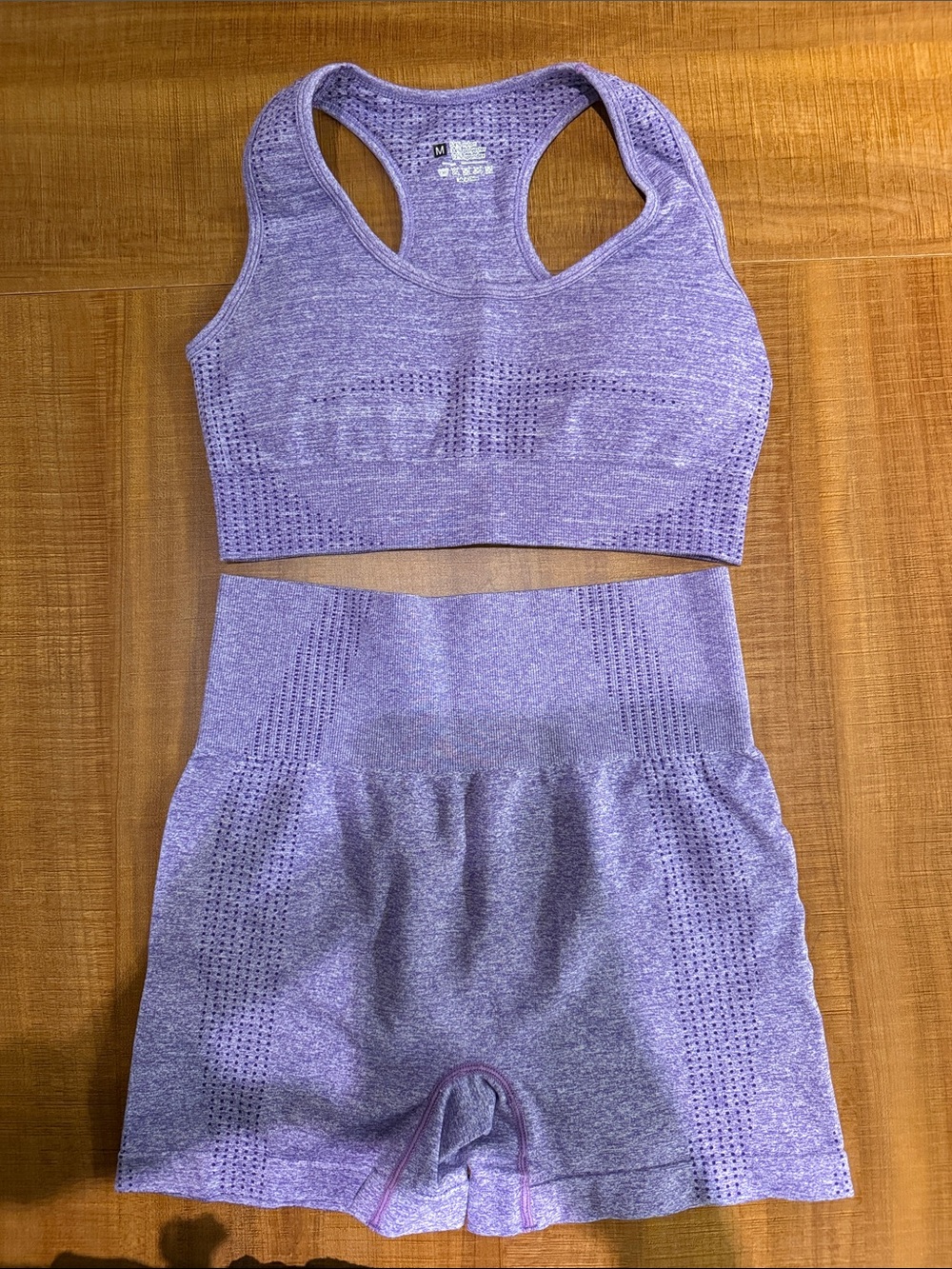 Seamless Purple Ribbed Sports Bra & High-Waist Shorts Set - Women